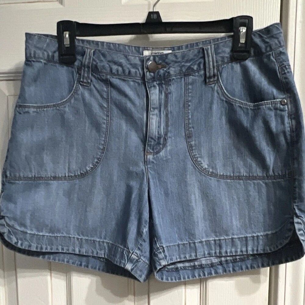 Cato Women’s Blue Denim Chino Shorts 10 Mid Rise 5-Pocket Zip Button RN37080